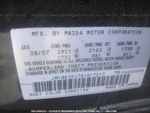 JM1BK324781817217 - 2008 MAZDA 3 S BLACK photo 9