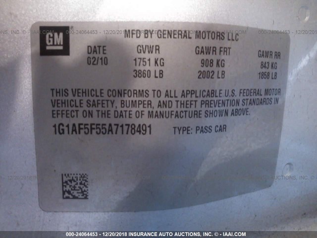 1G1AF5F55A7178491 - 2010 CHEVROLET COBALT 2LT SILVER photo 9