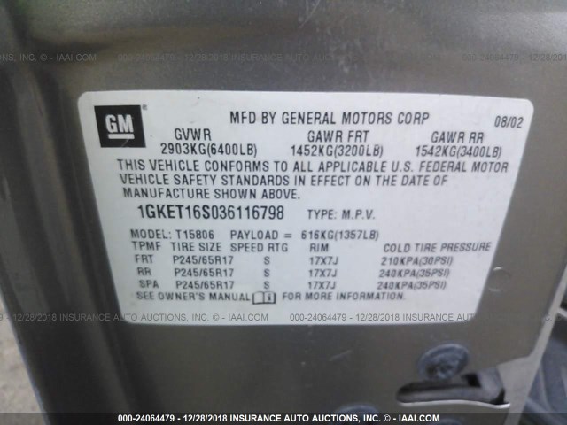 1GKET16S036116798 - 2003 GMC ENVOY XL SILVER photo 9