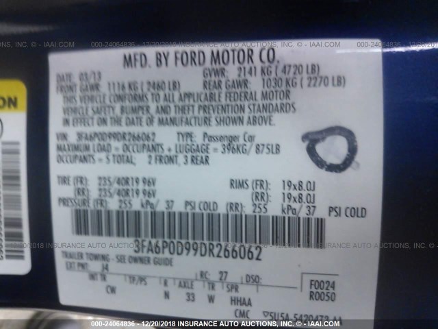 3FA6P0D99DR266062 - 2013 FORD FUSION TITANIUM BLUE photo 9