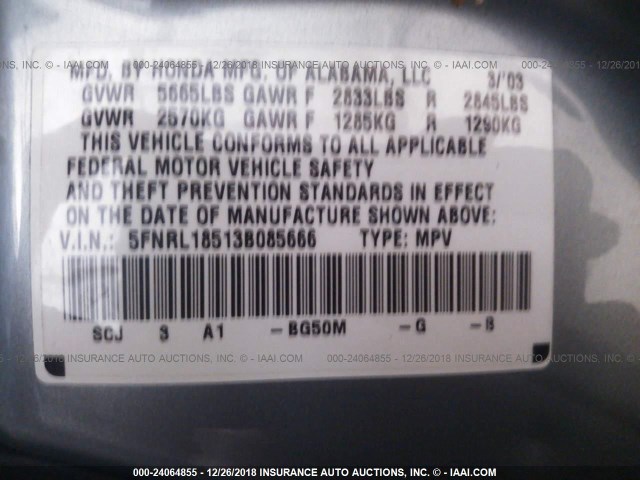 5FNRL18513B085666 - 2003 HONDA ODYSSEY LX BLUE photo 9