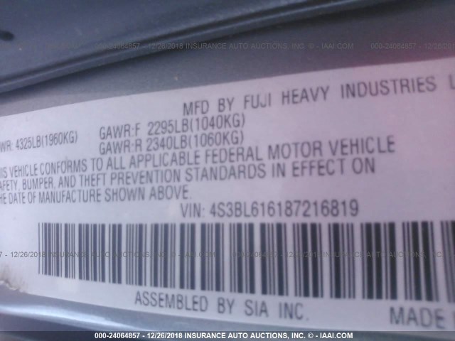 4S3BL616187216819 - 2008 SUBARU LEGACY 2.5I GRAY photo 9