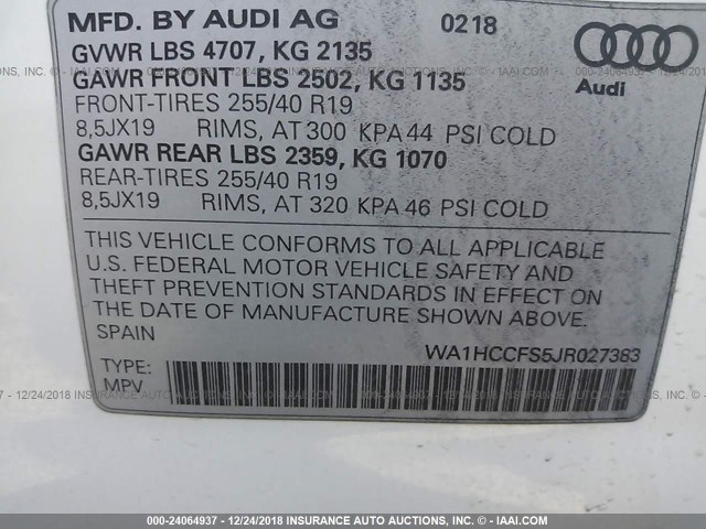 WA1HCCFS5JR027383 - 2018 AUDI Q3 PREMIUM PLUS WHITE photo 9