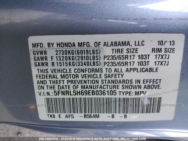 5FNRL5H69EB036105 - 2014 HONDA ODYSSEY EXL BLUE photo 9