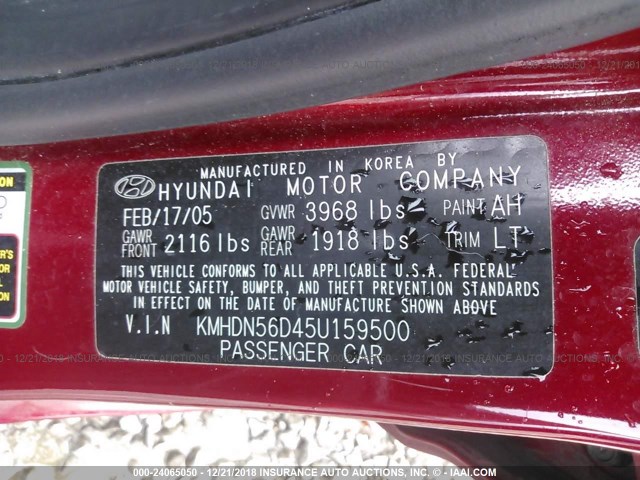 KMHDN56D45U159500 - 2005 HYUNDAI ELANTRA GLS/GT BURGUNDY photo 9