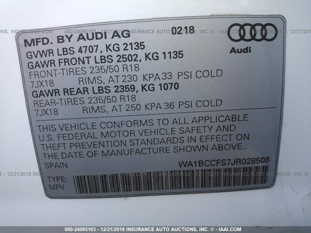 WA1BCCFS7JR028508 - 2018 AUDI Q3 PREMIUM WHITE photo 9