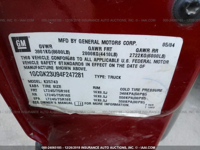 1GCGK23U94F247281 - 2004 CHEVROLET SILVERADO K2500 RED photo 9