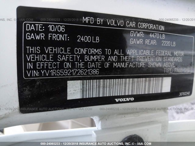 YV1RS592172621386 - 2007 VOLVO S60 2.5T WHITE photo 9