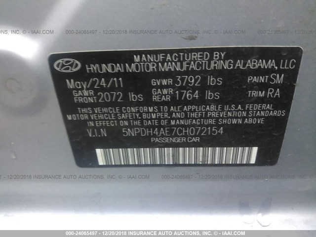 5NPDH4AE7CH072154 - 2012 HYUNDAI ELANTRA GLS/LIMITED SILVER photo 9