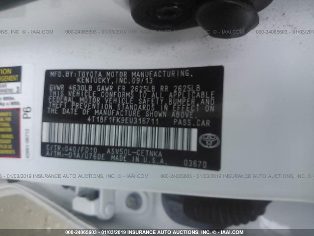 4T1BF1FK9EU316711 - 2014 TOYOTA CAMRY L/SE/LE/XLE WHITE photo 9