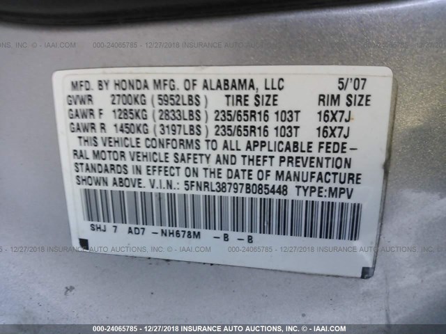 5FNRL38797B085448 - 2007 HONDA ODYSSEY EXL SILVER photo 9