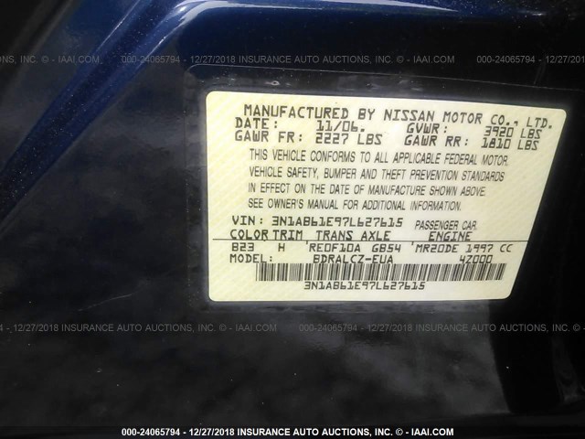 3N1AB61E97L627615 - 2007 NISSAN SENTRA 2.0/2.0S/2.0SL BLUE photo 9