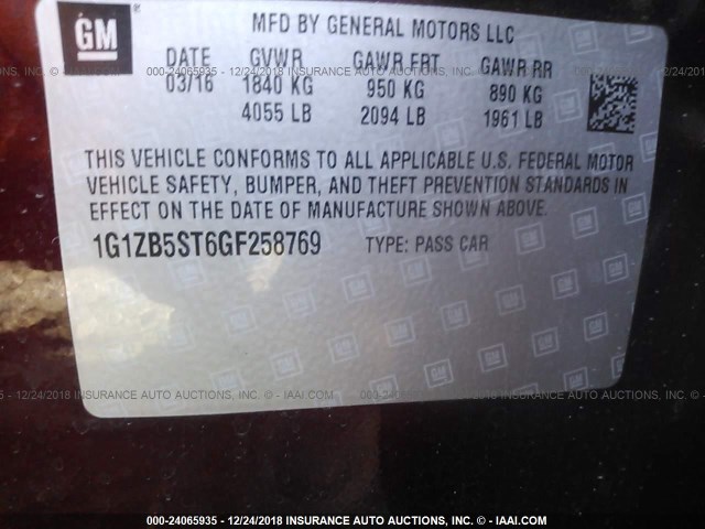 1G1ZB5ST6GF258769 - 2016 CHEVROLET MALIBU LS BLACK photo 9