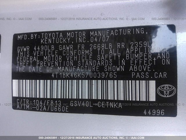 4T1BK46K57U039765 - 2007 TOYOTA CAMRY NEW GENERAT LE/XLE/SE SILVER photo 9