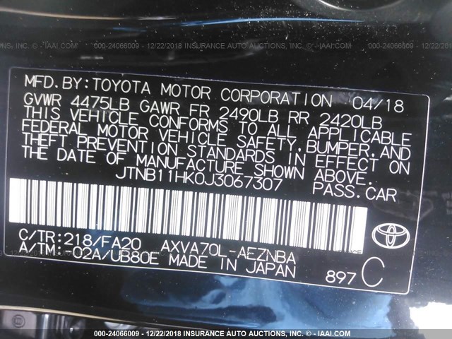 JTNB11HK0J3067307 - 2018 TOYOTA CAMRY L/LE/XLE/SE/XSE BLACK photo 9