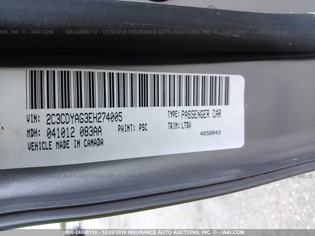 2C3CDYAG3EH274005 - 2014 DODGE CHALLENGER SXT SILVER photo 9