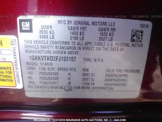 1GKKVTKD2FJ193187 - 2015 GMC ACADIA DENALI MAROON photo 9