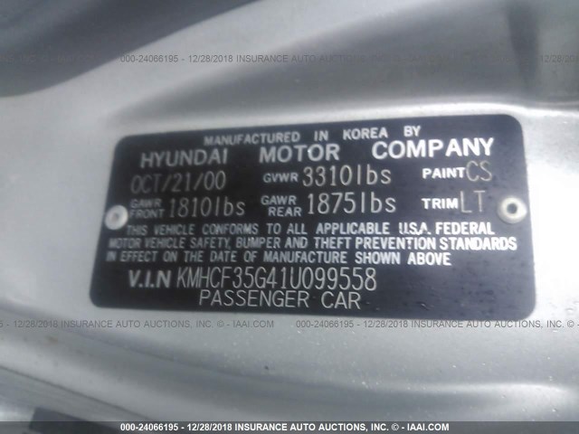 KMHCF35G41U099558 - 2001 HYUNDAI ACCENT L SILVER photo 9