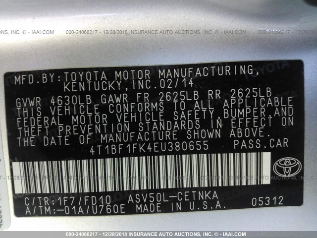 4T1BF1FK4EU380655 - 2014 TOYOTA CAMRY L/SE/LE/XLE SILVER photo 9