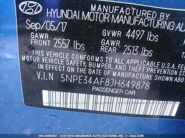 5NPE34AF8JH649878 - 2018 HYUNDAI SONATA SPORT/LIMITED BLUE photo 9