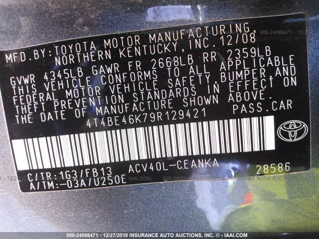 4T4BE46K79R129421 - 2009 TOYOTA CAMRY SE/LE/XLE GRAY photo 9