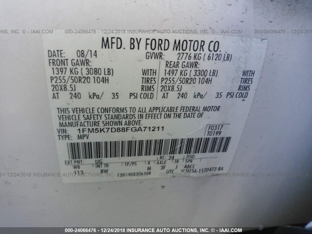 1FM5K7D88FGA71211 - 2015 FORD EXPLORER XLT WHITE photo 9