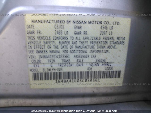 1N4BA41E05C859561 - 2005 NISSAN MAXIMA SE/SL SILVER photo 9