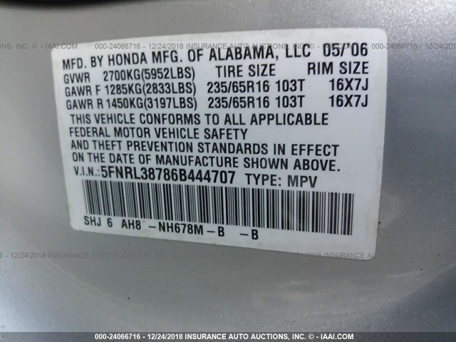 5FNRL38786B444707 - 2006 HONDA ODYSSEY EXL GRAY photo 9