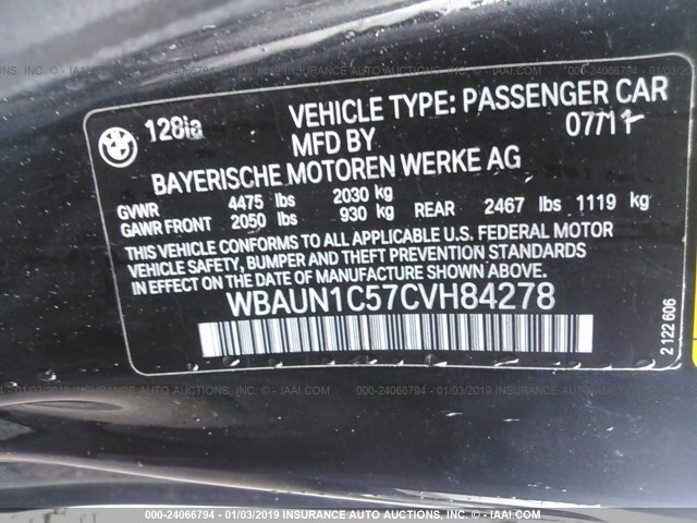 WBAUN1C57CVH84278 - 2012 BMW 128 I BLACK photo 9