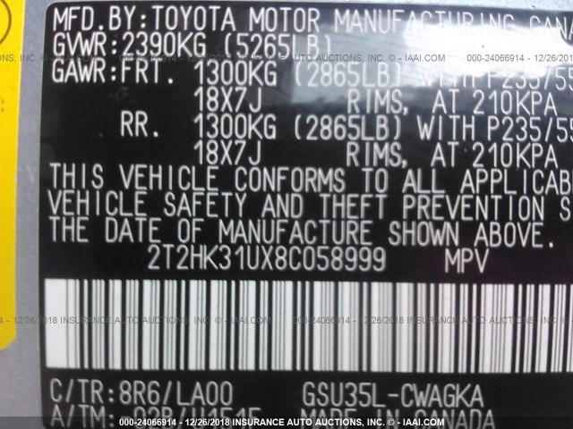 2T2HK31UX8C058999 - 2008 LEXUS RX BLUE photo 9