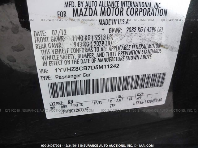 1YVHZ8CB7D5M11242 - 2013 MAZDA 6 GRAND TOURING BLACK photo 9