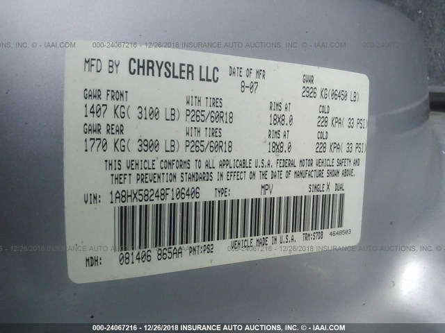 1A8HX58248F106406 - 2008 CHRYSLER ASPEN LIMITED SILVER photo 9