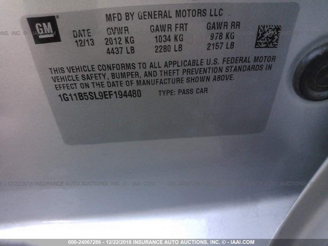 1G11B5SL9EF194480 - 2014 CHEVROLET MALIBU LS 银色 照片 9