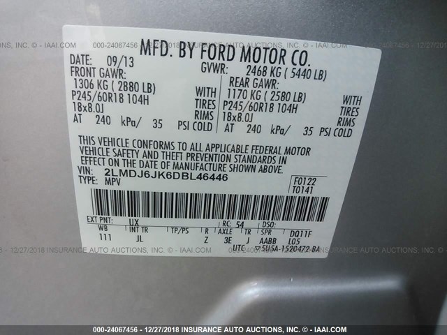 2LMDJ6JK6DBL46446 - 2013 LINCOLN MKX SILVER photo 9