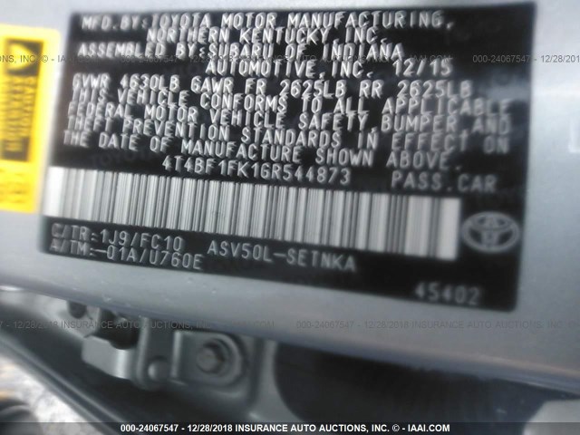 4T4BF1FK1GR544873 - 2016 TOYOTA CAMRY LE/XLE/SE/XSE SILVER photo 9