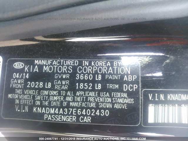 KNADM4A37E6402430 - 2014 KIA RIO LX BLACK photo 9