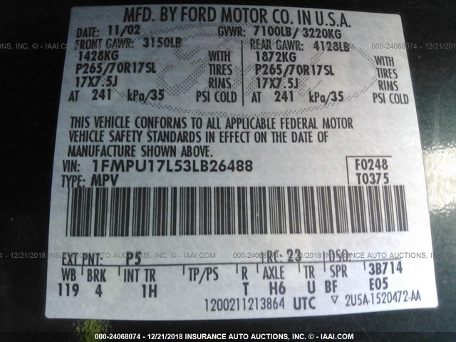 1FMPU17L53LB26488 - 2003 FORD EXPEDITION EDDIE BAUER GREEN photo 9