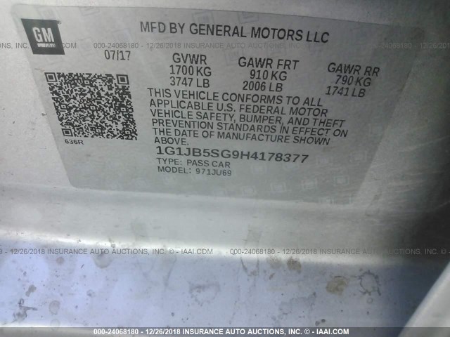 1G1JB5SG9H4178377 - 2017 CHEVROLET SONIC LS 银色 照片 9