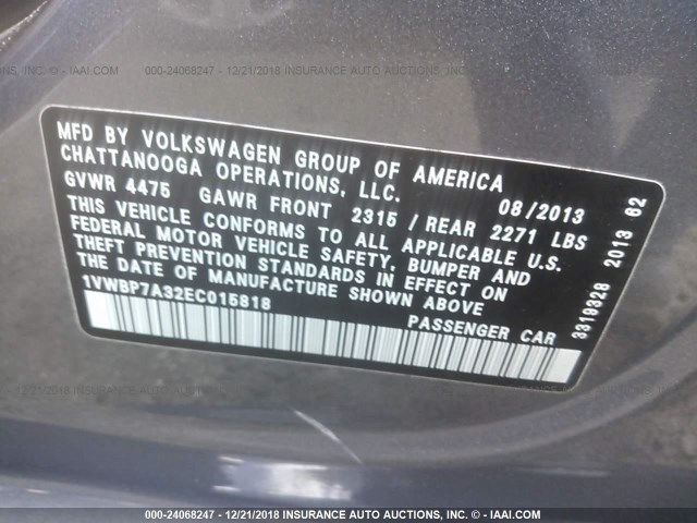 1VWBP7A32EC015818 - 2014 VOLKSWAGEN PASSAT SE GRAY photo 9