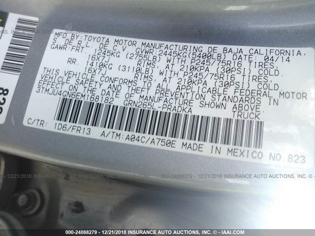 3TMJU4GN6EM168182 - 2014 TOYOTA TACOMA DOUBLE CAB PRERUNNER SILVER photo 9