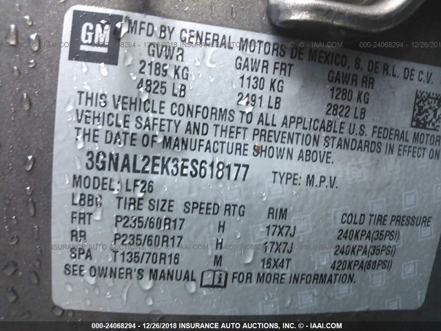 3GNAL2EK3ES618177 - 2014 CHEVROLET CAPTIVA LS 棕色 照片 9