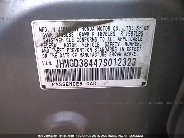 JHMGD38447S012323 - 2007 HONDA FIT SILVER photo 9