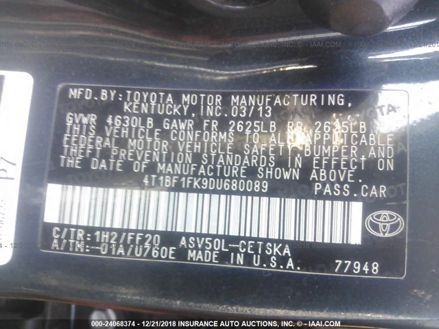 4T1BF1FK9DU680089 - 2013 TOYOTA CAMRY L/SE/LE/XLE შავი ფოტო 9