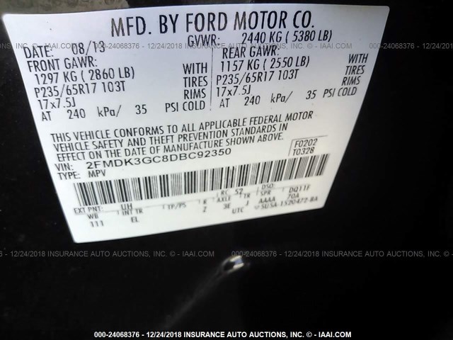 2FMDK3GC8DBC92350 - 2013 FORD EDGE SE BLACK photo 9