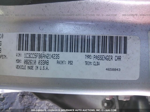 1C3CC5FB6AN214235 - 2010 CHRYSLER SEBRING LIMITED SILVER photo 9