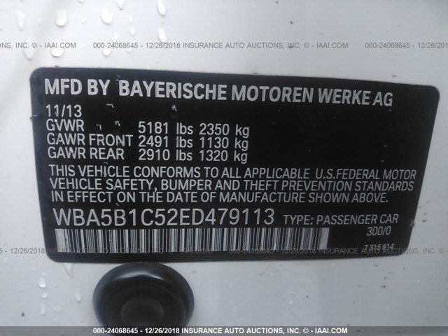 WBA5B1C52ED479113 - 2014 BMW 535 I WHITE photo 9