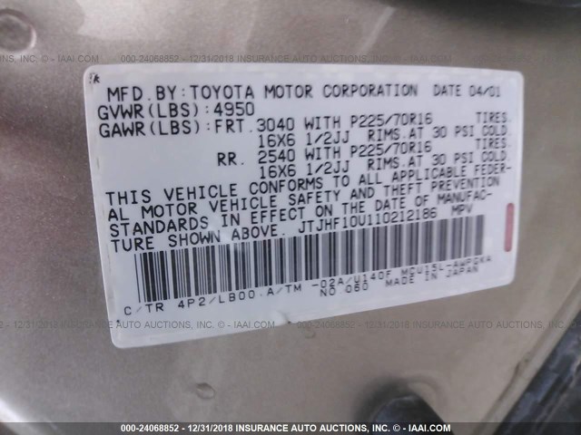 JTJHF10U110212186 - 2001 LEXUS RX 300 TAN photo 9