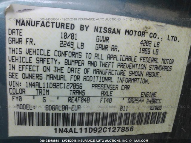 1N4AL11D92C127856 - 2002 NISSAN ALTIMA S/SL TEAL photo 9