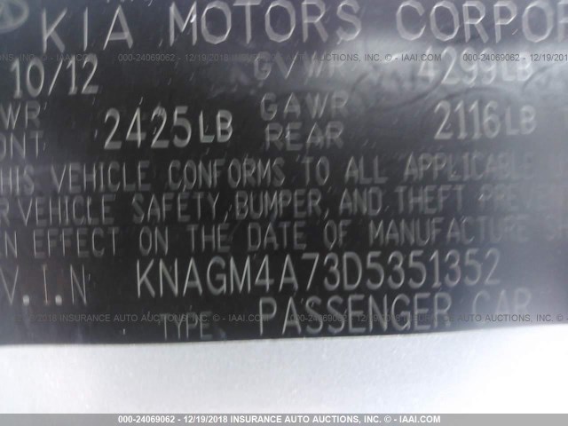 KNAGM4A73D5351352 - 2013 KIA OPTIMA SILVER photo 9