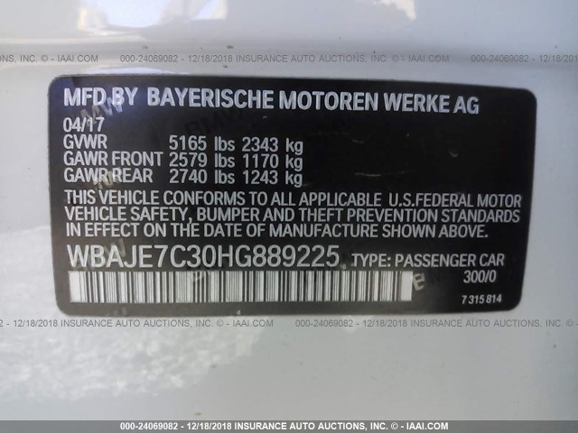 WBAJE7C30HG889225 - 2017 BMW 540 XI WHITE photo 9